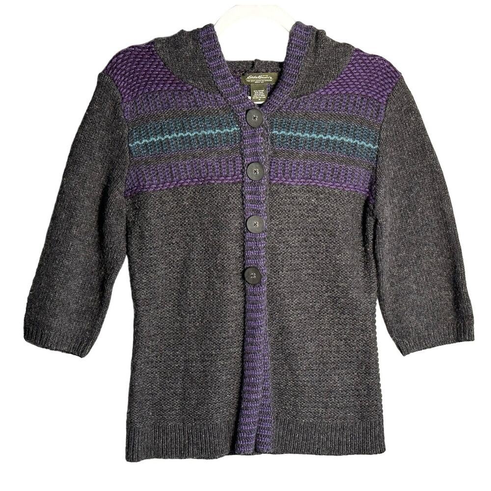 Eddie Bauer Medium Wool Blend Hooded Button Front Sweater Cardigan crop‎ sleeve